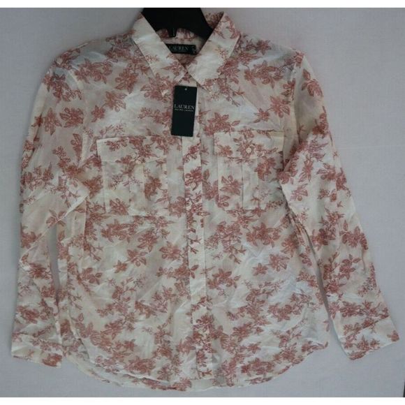 Lauren Ralph Lauren Women's Sz XL Red Floral Cuffed Collared Button Up Top $90 - Picture 7 of 8